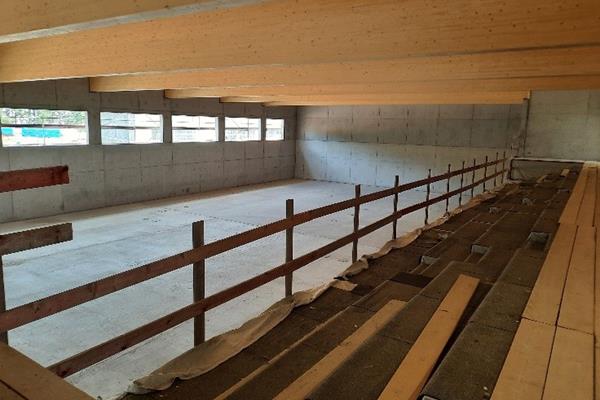 Sporthalle mit Tribünen - nach Fertigstellung des Rohbaus und des Holzbaus